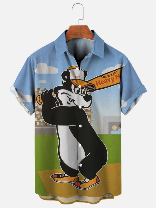 Men's Vintage Baseball Bear Print Hawaiian Short Sleeve Shirt