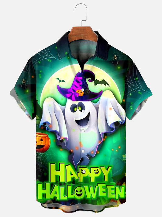 Men's Happy Halloween Ghost Print Holiday Short Sleeve Shirt