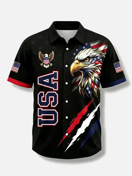America 250 Years Commemorative Eagle Flag Print Short Sleeve Shirt