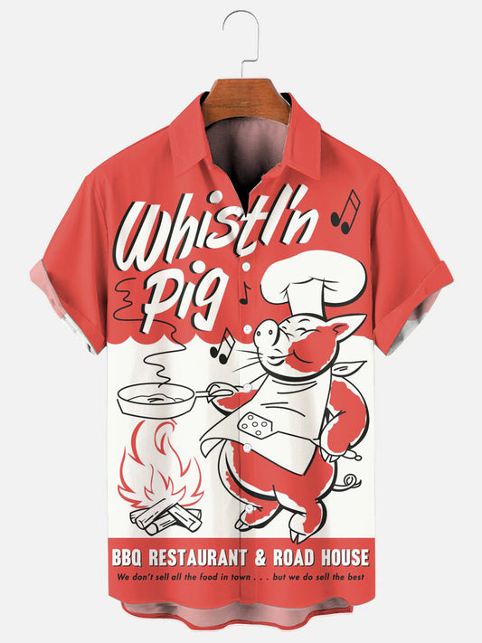 Men's Whistl'n Pig BBQ Vintage Print Casual Short Sleeve Shirt