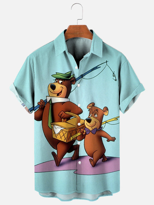 Best Memories of the 80s and 90s Yogi Bear Retro Print Hawaiian Short Sleeve Shirt