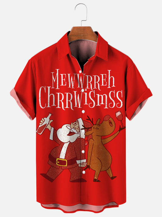 Men's Drunk Party Print Christmas Holiday Short Sleeve Shirt