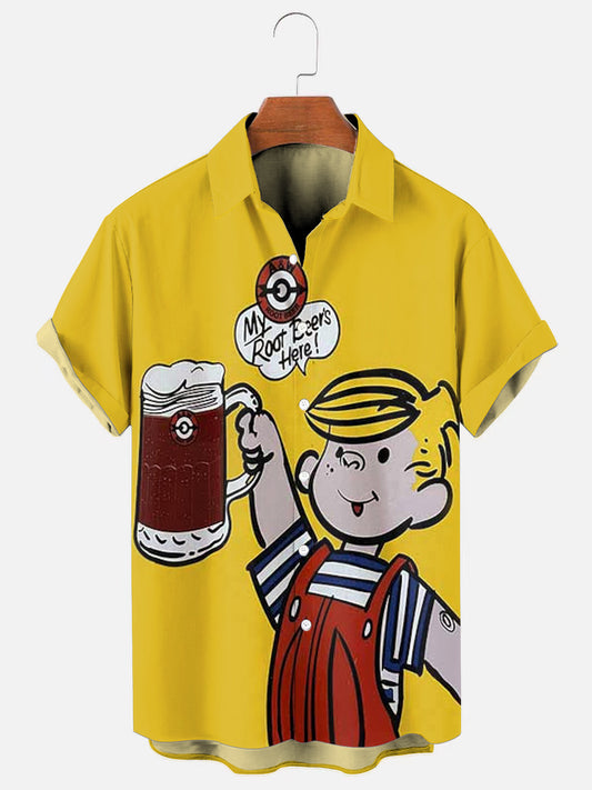 Men's Retro Beer Boy Print Hawaiian Short Sleeve Shirt