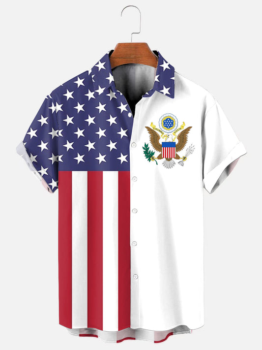 Men's American Flag Independence Day Logo Colorblock Print Hawaiian Short Sleeve Shirt