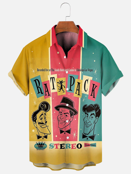 Men's Vintage Medieval Rat Pack Poster Print Hawaiian Short Sleeve Pocket Shirt