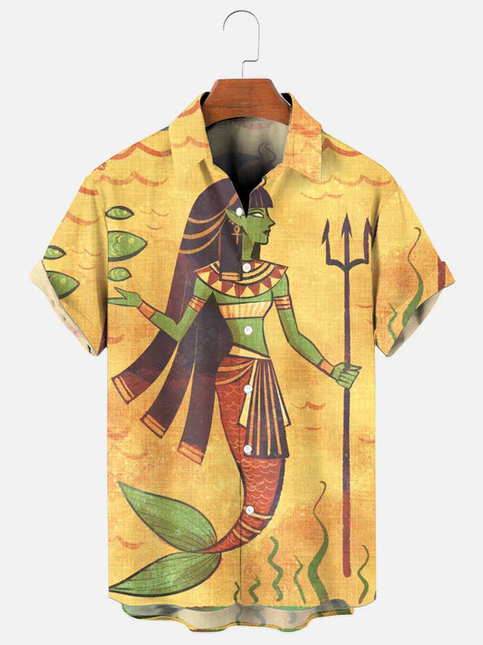 Ancient Egyptian Mermaid Print Hawaiian Short Sleeve Shirt