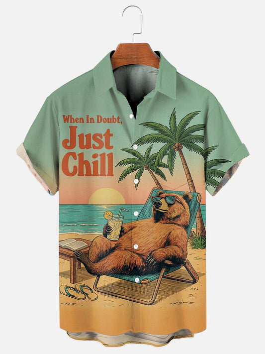 Men's Vintage Beach Bear Cocktail Print Hawaiian Short Sleeve Pocket Shirt