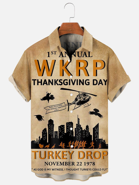 Men's 70s Vintage WKRP Turkey Drop Poster Print Holiday Casual Short Sleeve Shirt