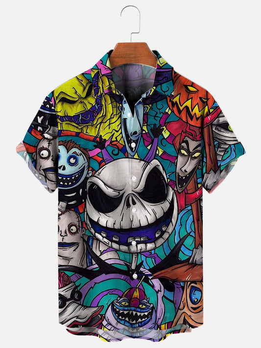 Men's Halloween Nightmare Before Christmas Printed Hawaiian Short Sleeve Shirt