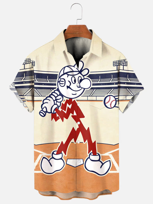 Men's Vintage Reddy Kilowatt Baseball Print Hawaiian Short Sleeve Chest Pocket Shirt