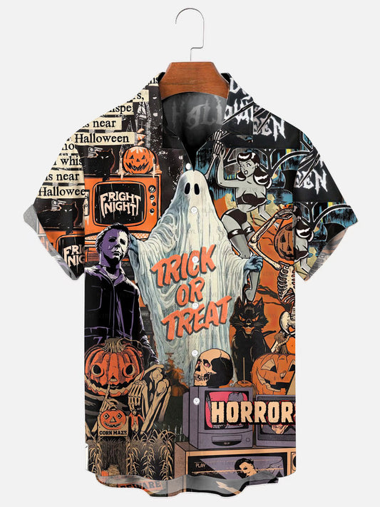 Men's Halloween Character Patchwork Holiday Short Sleeve Shirt