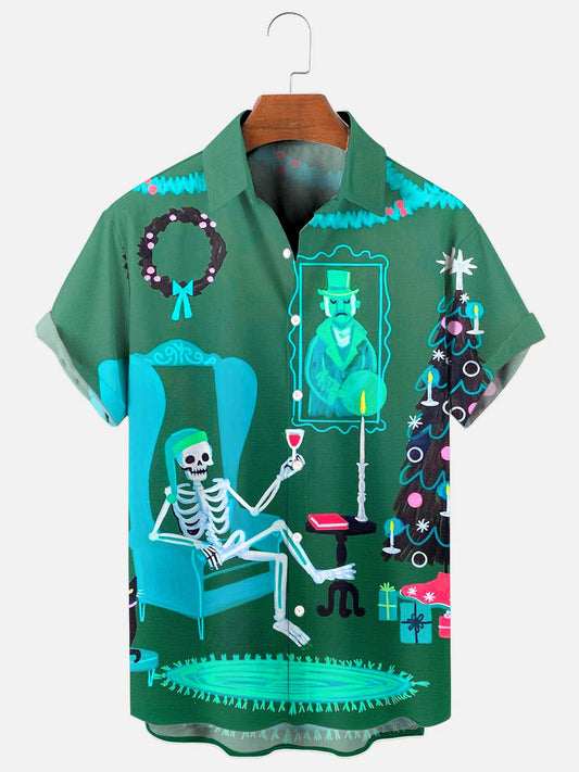 Skull Christmas Tree Print Hawaiian Short Sleeve Shirt