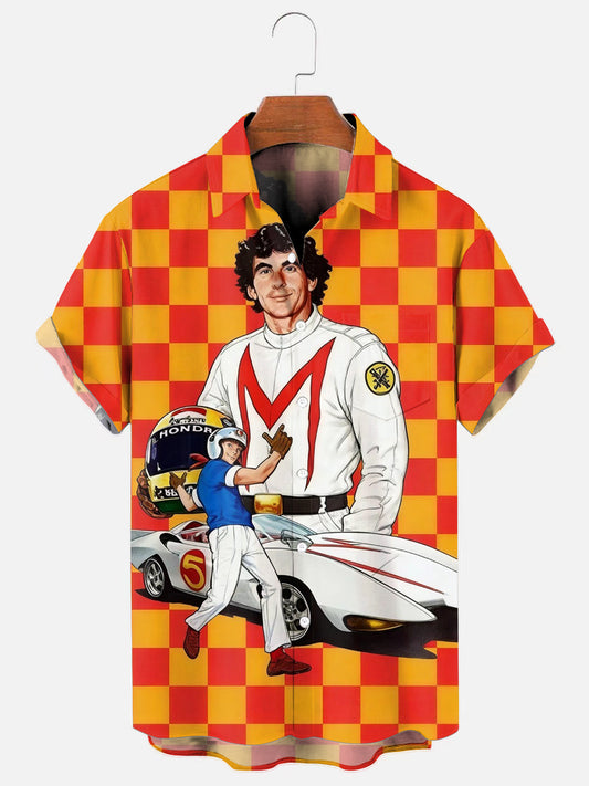 Men's Vintage Speed Racing Poster Print Hawaiian Short Sleeve Pocket Shirt