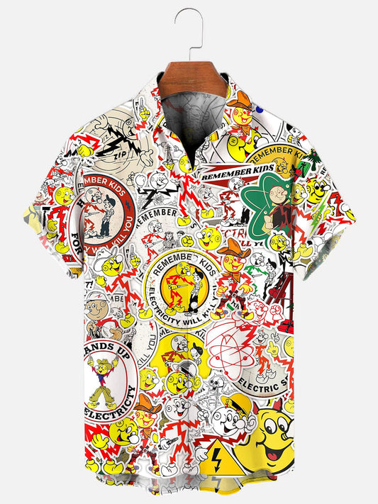 Men's Power Warning Sticker Print Hawaiian Short Sleeve Shirt