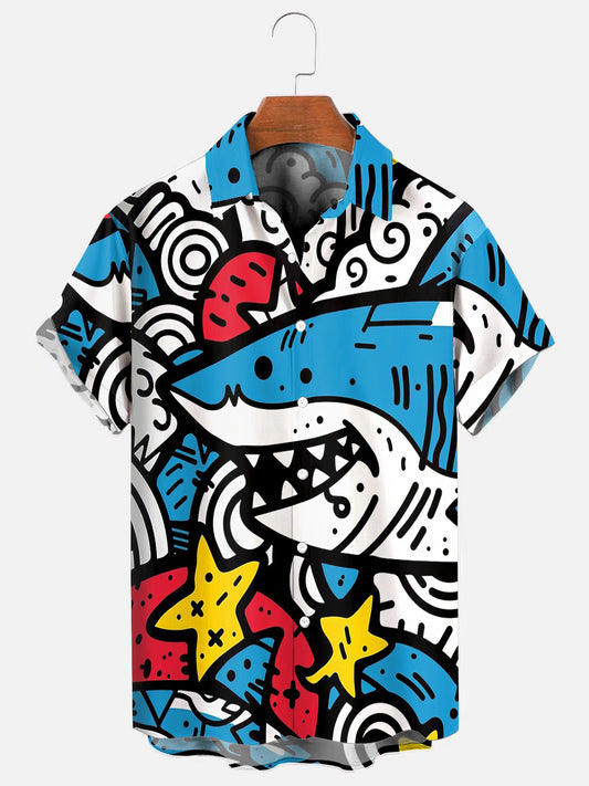 Men's Shark Graffiti Print Hawaiian Short Sleeve Shirt
