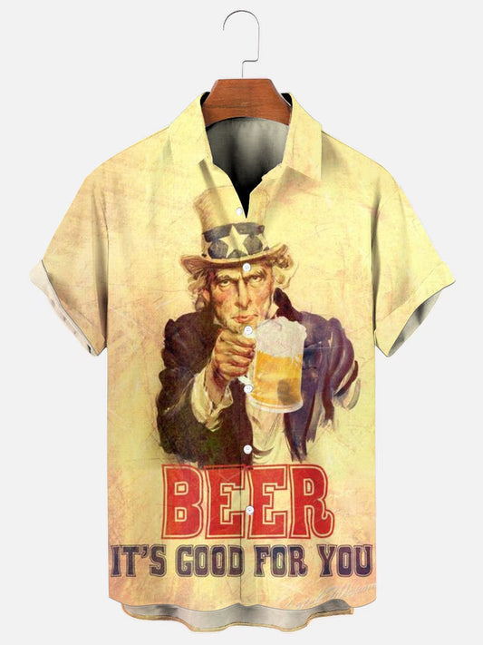 Men's Vintage Uncle Sam Beer Print Hawaiian Short Sleeve Shirt