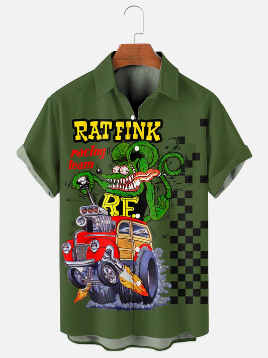 Men's Retro Car Mouse Racing Culture Print Hawaiian Chest Pocket Short Sleeve Shirt
