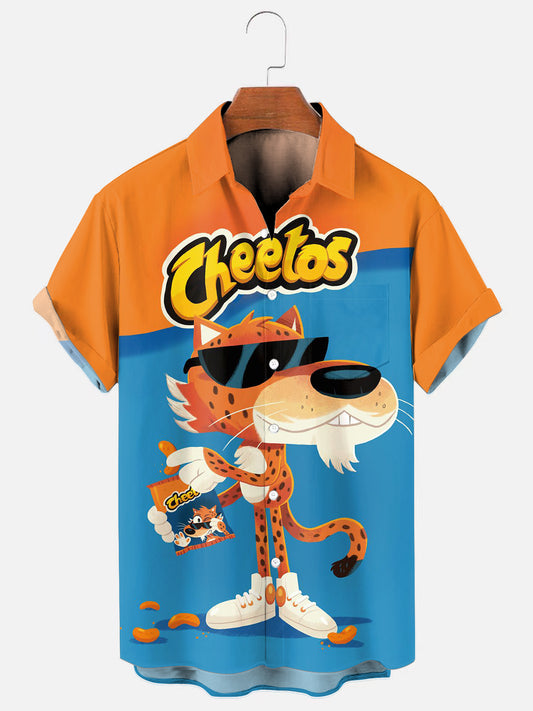 Men's Cartoon Leopard Print Hawaiian Short Sleeve Pocket Shirt