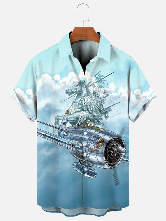 Men's Vintage WWII P-47 Thunderbolt Print Short Sleeve Shirt Indian Warrior Pocket Shirt