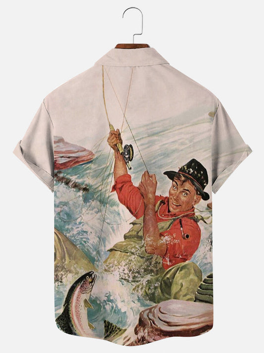 Outdoor Fishing Vintage Print Hawaiian Short Sleeve Shirt