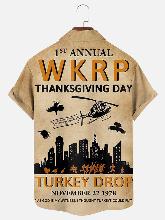 Men's 70s Vintage WKRP Turkey Drop Poster Print Holiday Casual Short Sleeve Shirt