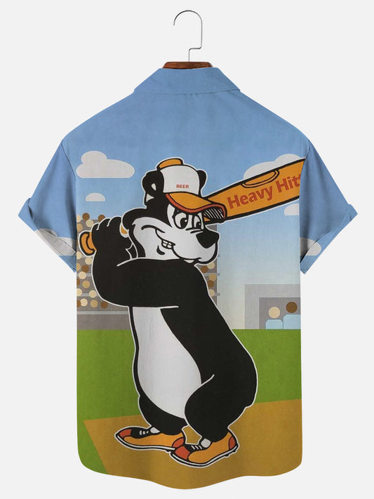 Men's Vintage Baseball Bear Print Hawaiian Short Sleeve Shirt