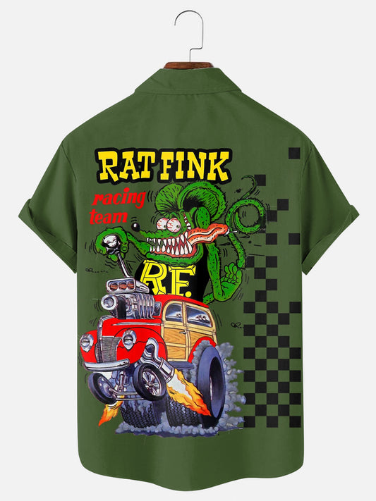 Men's Retro Car Mouse Racing Culture Print Hawaiian Chest Pocket Short Sleeve Shirt