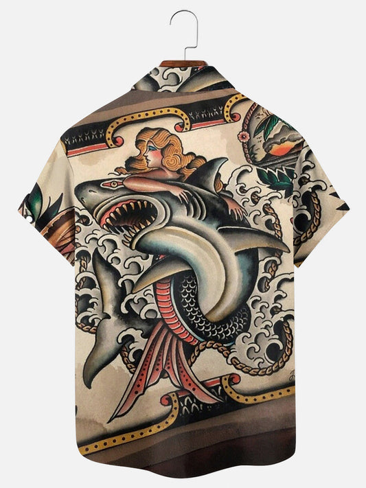 Men's Vintage Mermaid Shark Tattoo Print Hawaiian Short Sleeve Pocket Shirt