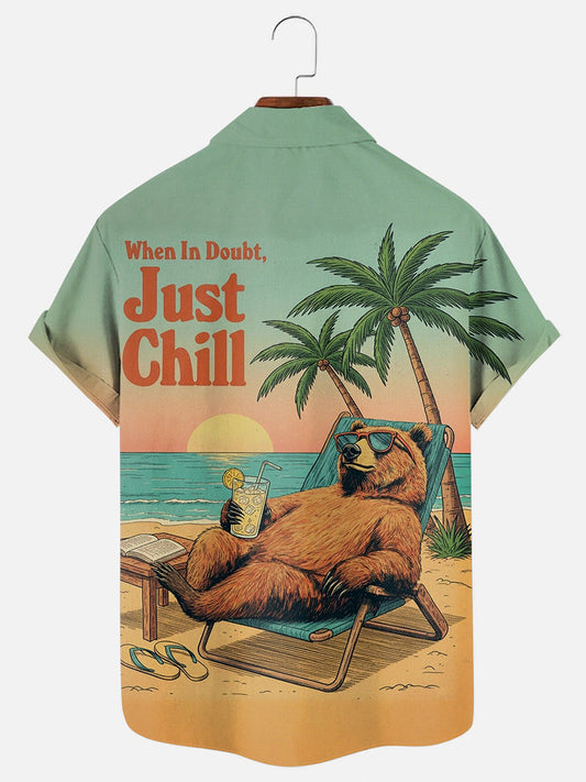 Men's Vintage Beach Bear Cocktail Print Hawaiian Short Sleeve Pocket Shirt