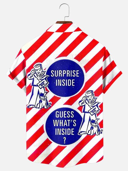 Men's Vintage Popcorn Sticker Print Hawaiian Short Sleeve Pocket Shirt