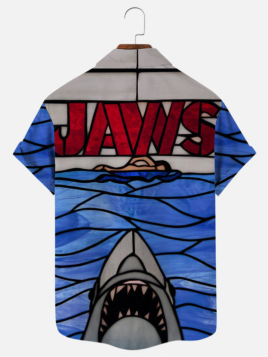 Men's Vintage Jaws Color Print Hawaiian Short Sleeve Shirt