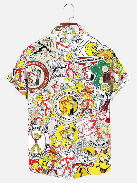 Men's Power Warning Sticker Print Hawaiian Short Sleeve Shirt