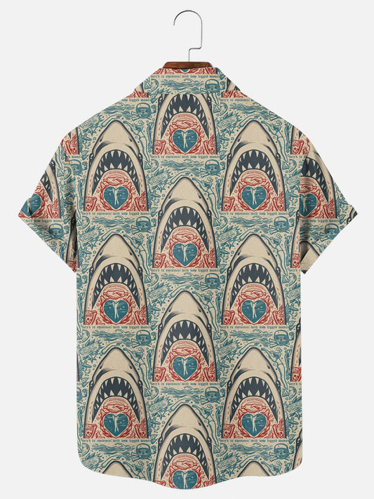 Vintage Jaws Art Print Hawaiian Breathable Short Sleeve Shirt