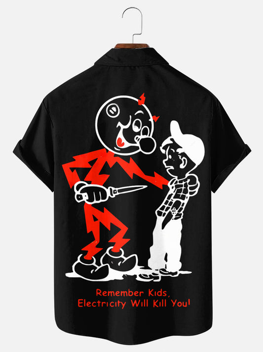 Men's Vintage 70s Electricity Warning Sign Print Hawaiian Short Sleeve Shirt