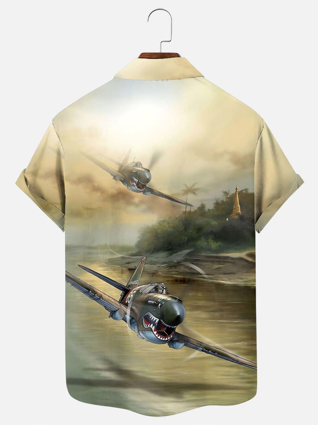 Men's Retro WWII Warhawk Airplane Print Hawaiian Short Sleeve Shirt