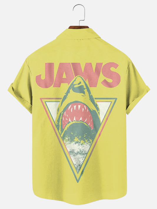 Men's Vintage Jaws Triangle Print Casual Short Sleeve Pocket Shirt