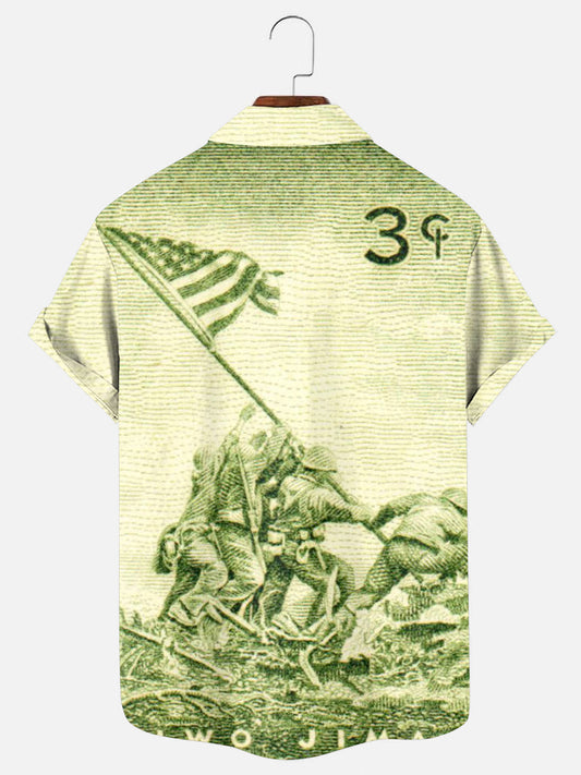 Men's Vintage Stamp American Flag Print Independence Day Holiday Short Sleeve Shirt