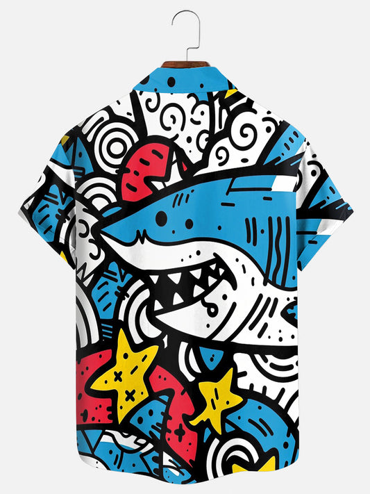 Men's Shark Graffiti Print Hawaiian Short Sleeve Shirt