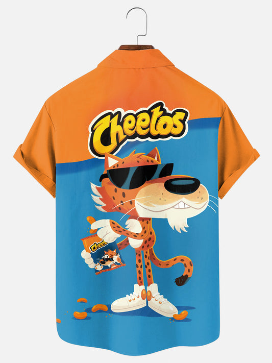 Men's Cartoon Leopard Print Hawaiian Short Sleeve Pocket Shirt