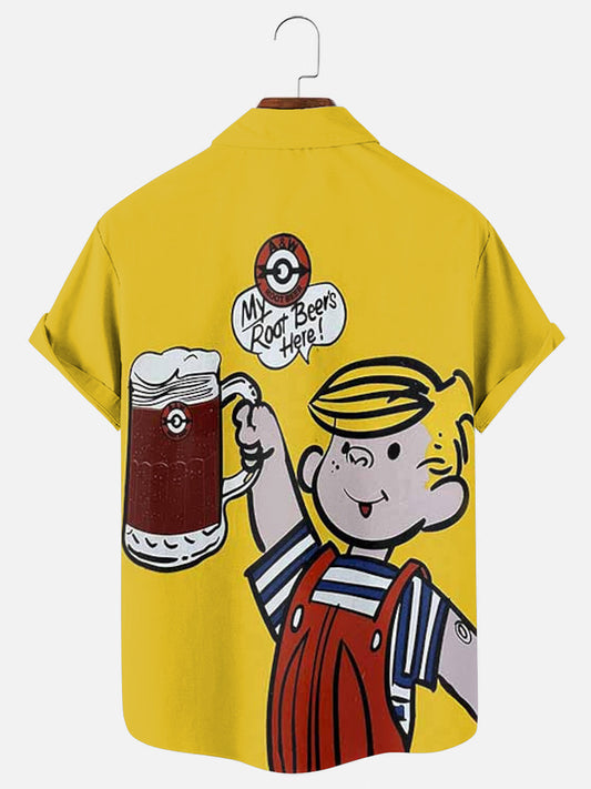 Men's Retro Beer Boy Print Hawaiian Short Sleeve Shirt