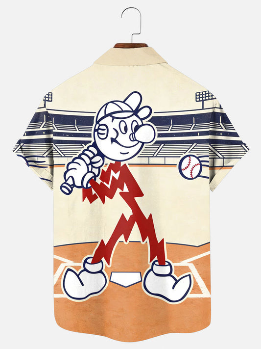 Men's Vintage Reddy Kilowatt Baseball Print Hawaiian Short Sleeve Chest Pocket Shirt