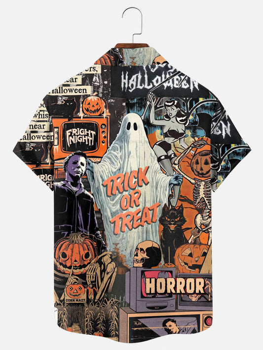 Men's Halloween Character Patchwork Holiday Short Sleeve Shirt