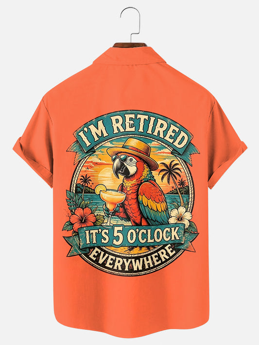 Men's I'm Retired It's 5 O'clock Everywhere Parrot Print Hawaiian Short Sleeve Pocket Shirt