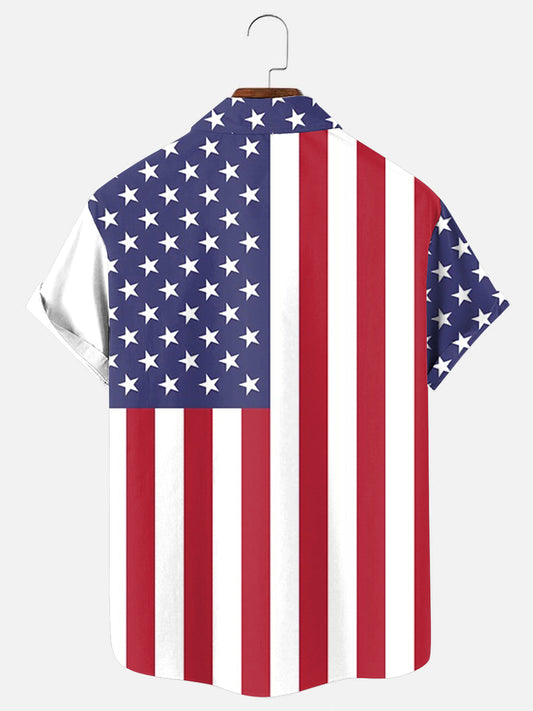 Men's American Flag Independence Day Logo Colorblock Print Hawaiian Short Sleeve Shirt
