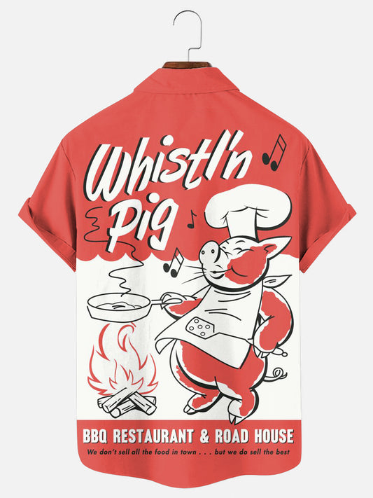 Men's Whistl'n Pig BBQ Vintage Print Casual Short Sleeve Shirt