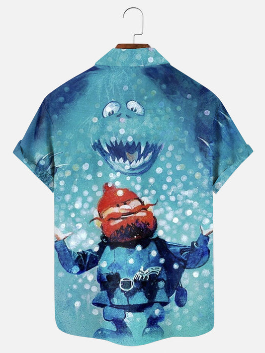Men's Christmas Rudolph Cartoon Print Hawaiian Pocket Short Sleeve Shirt