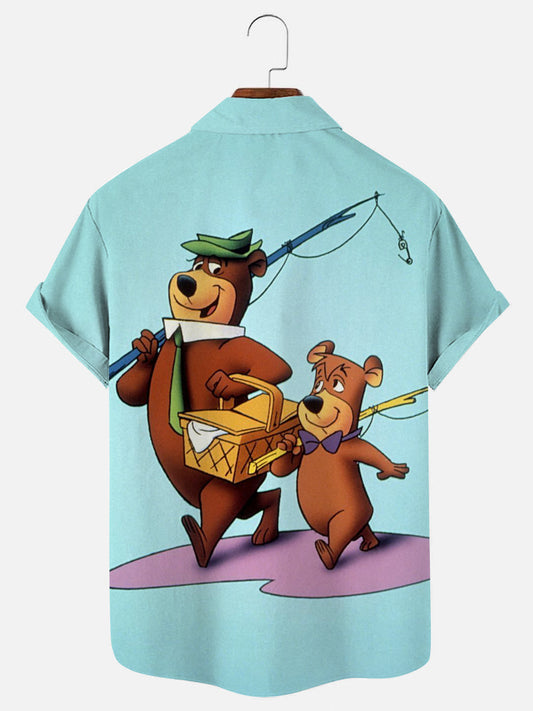 Best Memories of the 80s and 90s Yogi Bear Retro Print Hawaiian Short Sleeve Shirt
