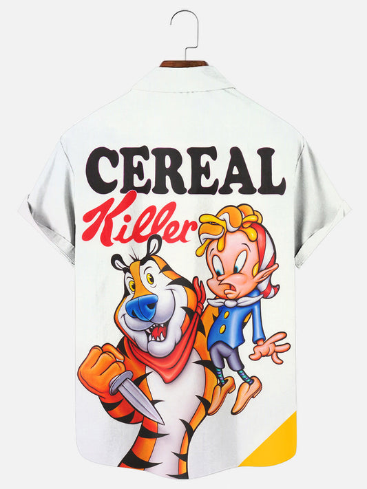 Men's Cartoon Tiger Killer Print Hawaiian Short Sleeve Shirt