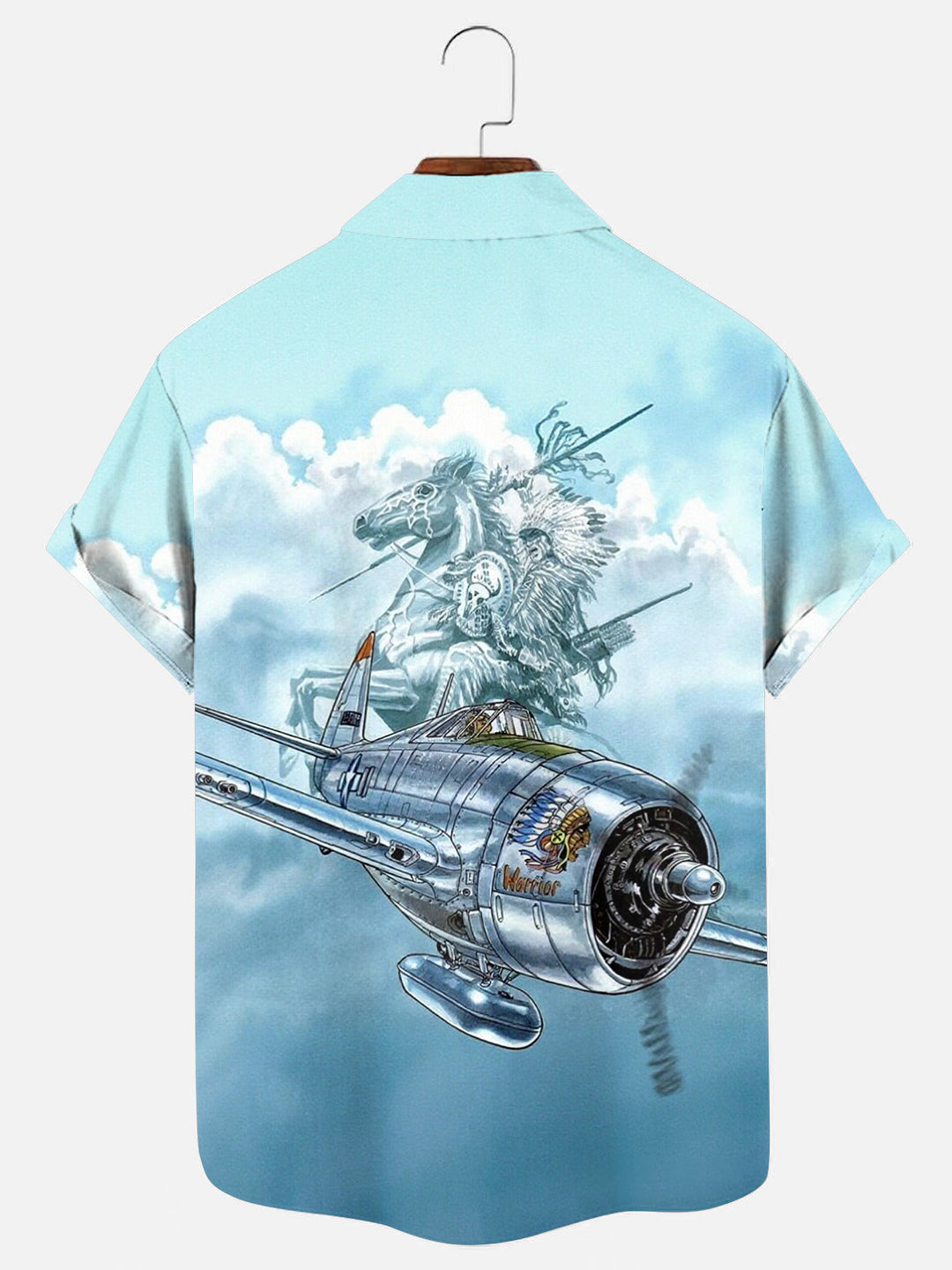 Men's Vintage WWII P-47 Thunderbolt Print Short Sleeve Shirt Indian Warrior Pocket Shirt