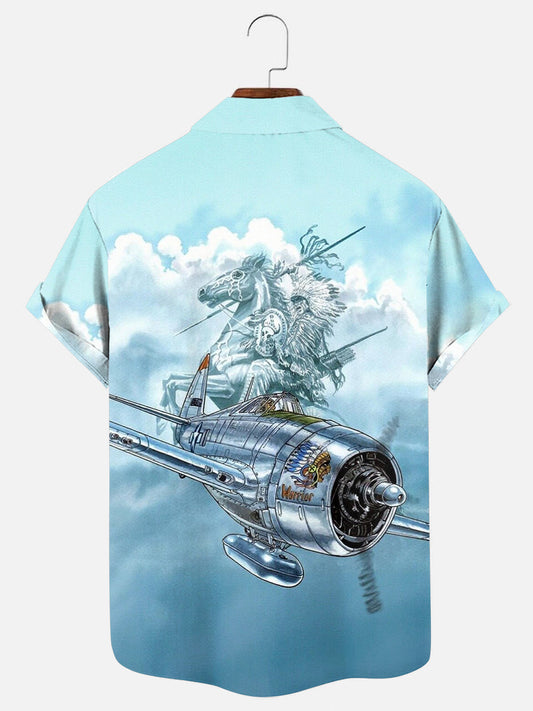 Men's Vintage WWII P-47 Thunderbolt Print Short Sleeve Shirt Indian Warrior Pocket Shirt